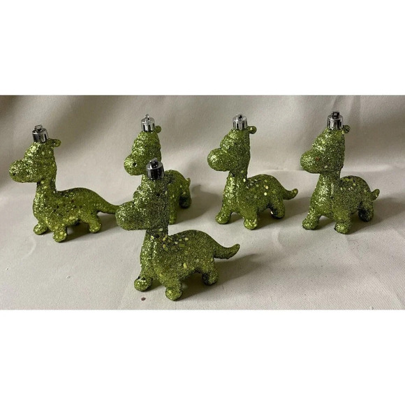 Tyrannosaurus Rex Dinosaur Neon Green Glittery Christmas Ornaments NEW Set Of 5 - Picture 1 of 2